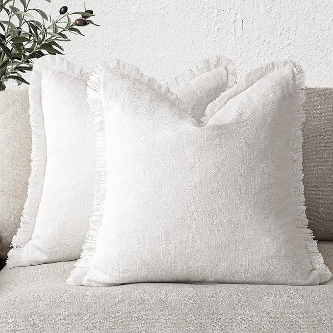 Foindtower Set of 2 Decorative Linen Fringe Throw Pillow Covers Cozy Boho Farmhouse Cushion Cover with Tassels Soft Accent Pillowcase for Couch Sofa Bed Living Room Home Decor,20×20 Inch,White