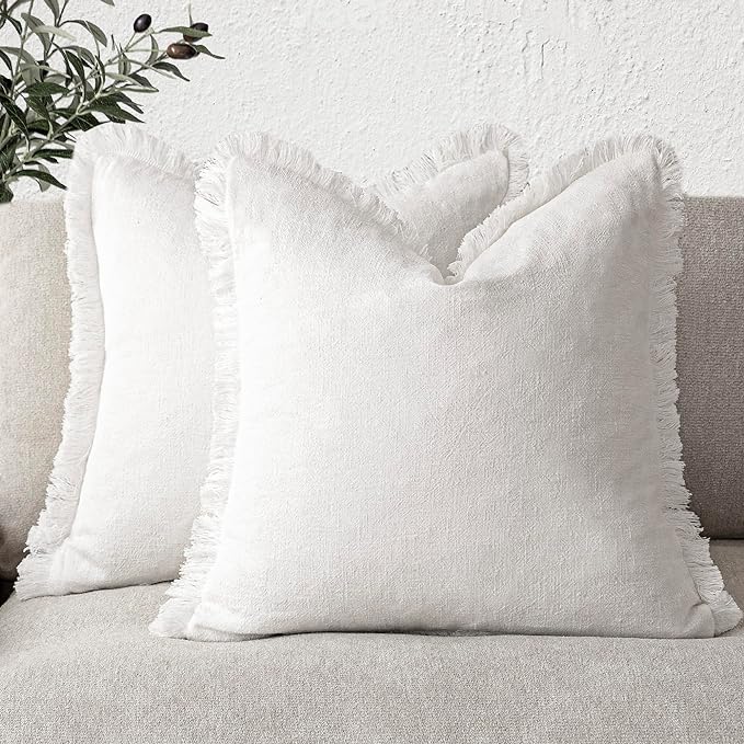 Foindtower Set of 2 Decorative Linen Fringe Throw Pillow Covers Cozy Boho Farmhouse Cushion Cover with Tassels Soft Accent Pillowcase for Couch Sofa Bed Living Room Home Decor,22×22 Inch,White