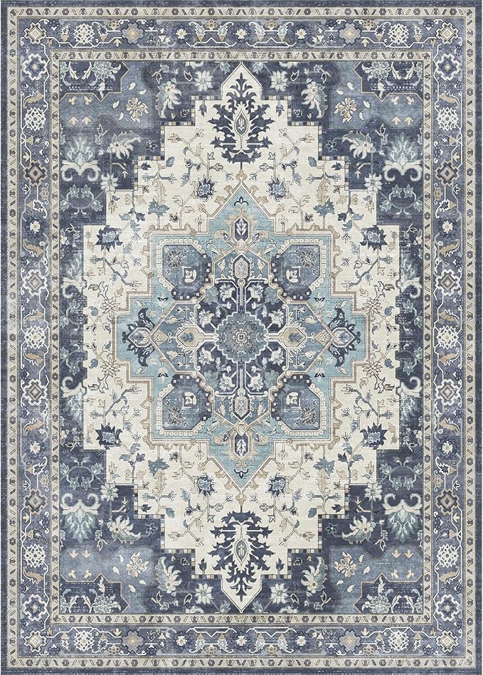 GENIMO 2x5 Runner Rugs for Hallway, Machine Washable Non Slip Vintage Rugs, Low Pile Lightweight Soft Print Rug for enrtyway, Corridor, Home Office, Kitchen, Center Blue