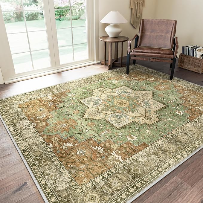 GENIMO 8x10 Area Rugs for Living Room, Machine Washable Rug, Non Slip Indoor Vintage Rug, Low Pile Lightweight Chenille Print Carpet for Bedroom Dining Room Home Office, Muted Green Brown