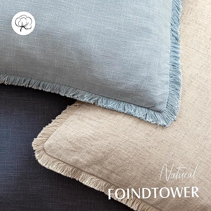 Foindtower Set of 2 Decorative Linen Fringe Lumbar Throw Pillow Covers Boho Farmhouse Cushion Cover with Tassels Soft Accent Pillowcase for Couch Sofa Bed Living Room Home Decor,12×24 Inch,Sky Blue