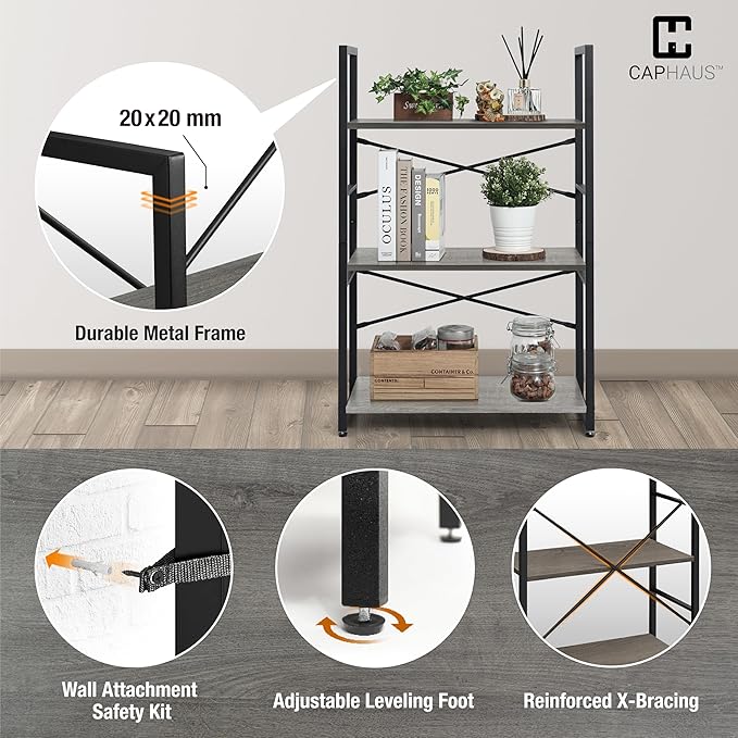 CAPHAUS 2 Tier Small Bookshelf, 24 Inch Width Free Standing Shelf, Bookcase Shelf Storage Organizer, Industrial Book Shelves for Home Office, Living Room, Dark Grey Shelves & Metal Frame
