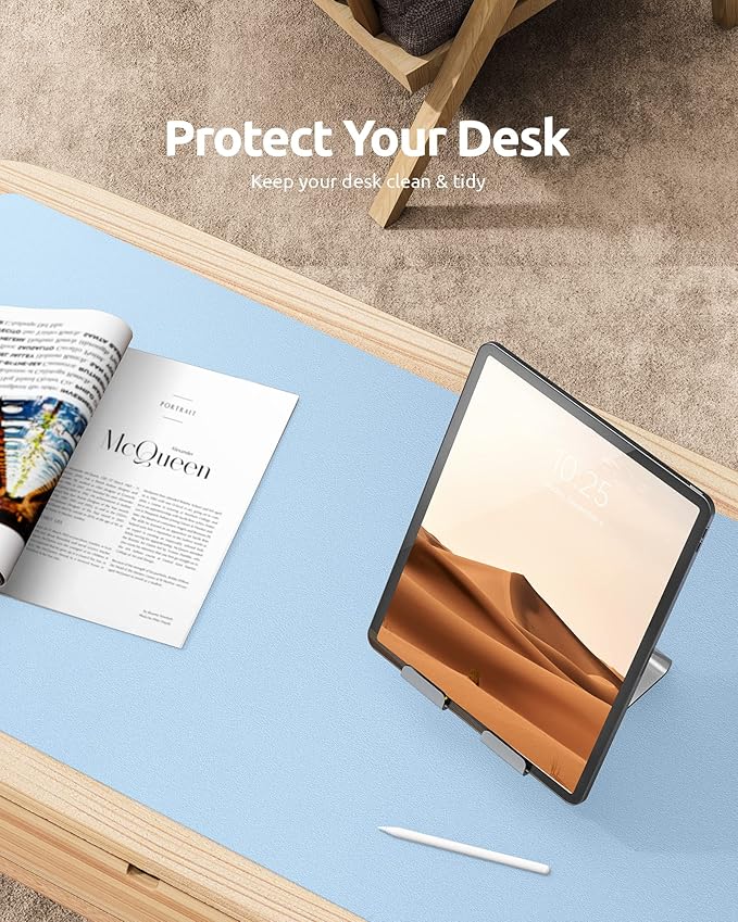 YSAGi Leather Desk Protector, Office Mat, Large Mouse Mat, Non-Slip PU Leather Blotter, Laptop Pad, Waterproof Writing Pad for Office and Home (Baby Blue, 35.4" x 17")
