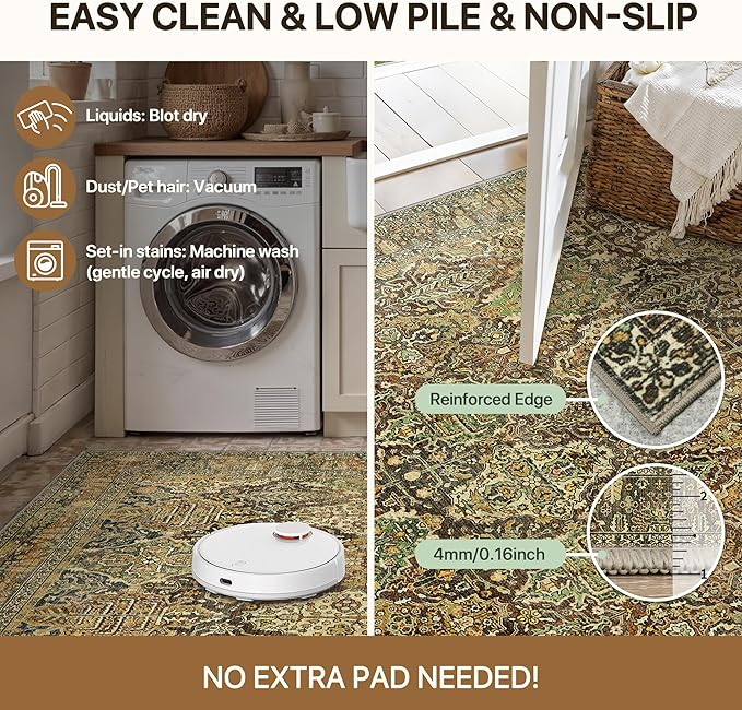GENIMO Runner Rug 2x7 Machine Washable Non Slip Vintage Hallway Runner Rug, Low Pile Lightweight Rugs for Entryway, Hallway, Kitchen and Corridor, Bronze Olive