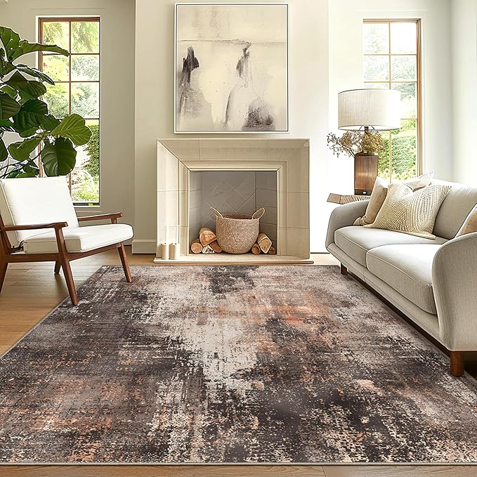 GENIMO Washable Area Rugs for Living Room, 10x14 Vintage Non Slip Rugs, Low Pile Lightweight Soft Print Rug for Bedroom, Dining Room, Home Office, Brown Orange