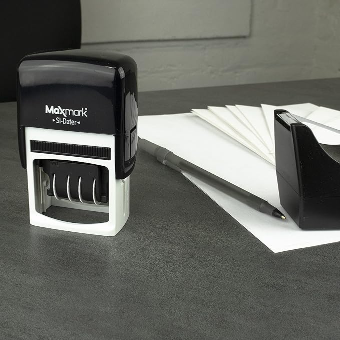 MaxMark Office Self Inking Date Stamp with Phrase Revised - 2 Color Blue/Red Ink