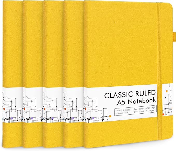 5 Pack Journal Notebook Bulk for School, Feela Hardcover Business Notebooks Classic Ruled Lined Journals with Pen Holder for Work Note Taking, with 5 Black Pens, 120 GSM, 5.1”x8.3”, A5, Yellow