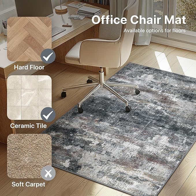 Office Chair Mat for Hardwood Tile Floor, Abstract 48"X 72" Desk Mats for Office Chair on Rolling Chairs Carpet, Desk Anti-Slip 1/5" Thick Rug for Computer Chair, Thin Low-Pile Floor Mat, Dark Gray