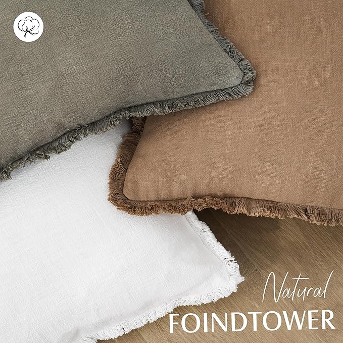 Foindtower Set of 2 Decorative Linen Fringe Throw Pillow Covers Cozy Boho Farmhouse Cushion Cover with Tassels Soft Accent Pillowcase for Couch Sofa Bed Living Room Home Decor,22×22 Inch,White