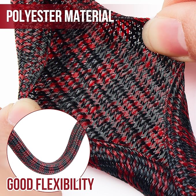QCSIW Split Cable Sleeve, 1/4 inch 100ft Black Red Braided Wire Loom for Home Cable Management, Pet Chew Protection and DIY Cord Organizer for Desk and Home Theater