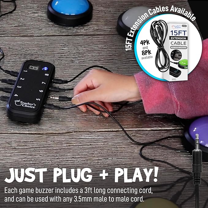 Teacher's Choice Light Up Game Buzzer System, Displays The Winning Player Loud, Unique Sounds for Each Buzzer, Great for Trivia Games, Family Feud, Jeopardy (8 Pack)