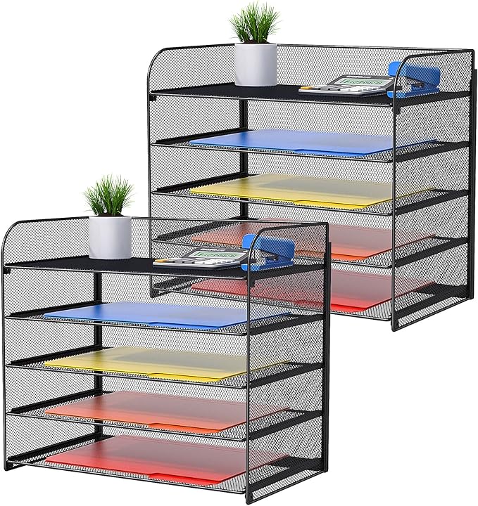 Vanulee 2 Pack Legal/A4/Letter Size Desk Paper Organizer Desktop File Organizer Document Sorter, 5 Tier Mesh Letter Tray File Folder Holder Office Accessories Organization