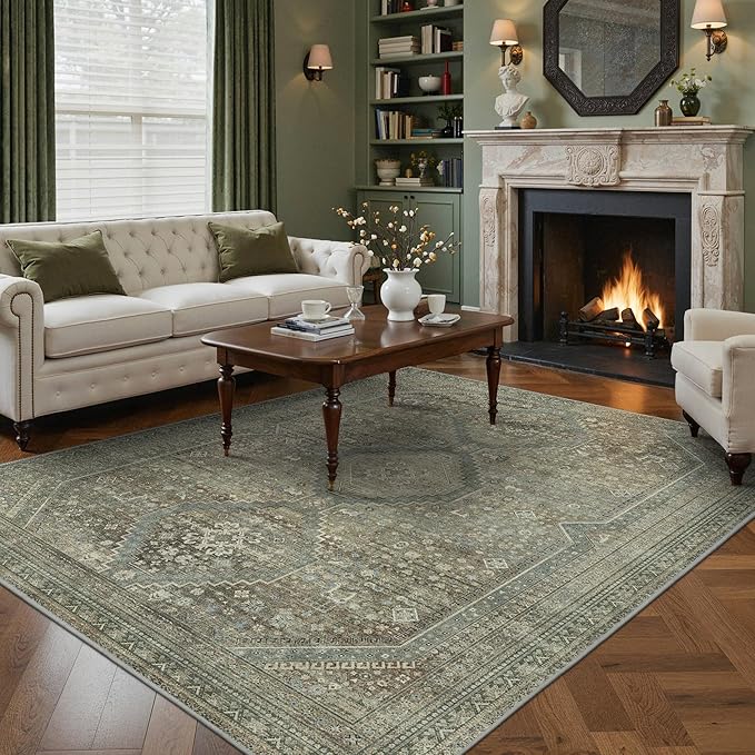 GENIMO 8x10 Area Rugs for Living Room, Machine Washable Non Slip Rugs, Low Pile Lightweight Vintage Print Rug for Bedroom, Dining Room, Home Office, Sage/Blue