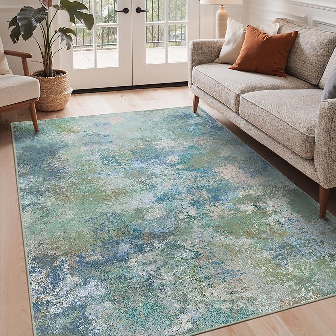 GENIMO 3x5 Rugs for Entryway Entrance, Modern Lightweight Rug Ultra Soft Indoor Area Rugs 3x5 for Living Room Bedroom Kitchen, Low Pile Carpet with Non Slip Backing, Blue Green