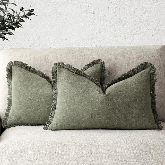 Foindtower Set of 2 Decorative Linen Fringe Throw Pillow Covers Boho Farmhouse Cushion Cover with Tassels Accent Pillowcase for Couch Bed Sofa Living Room Home Bedroom Decor, 12×24 Inch, Olive Green