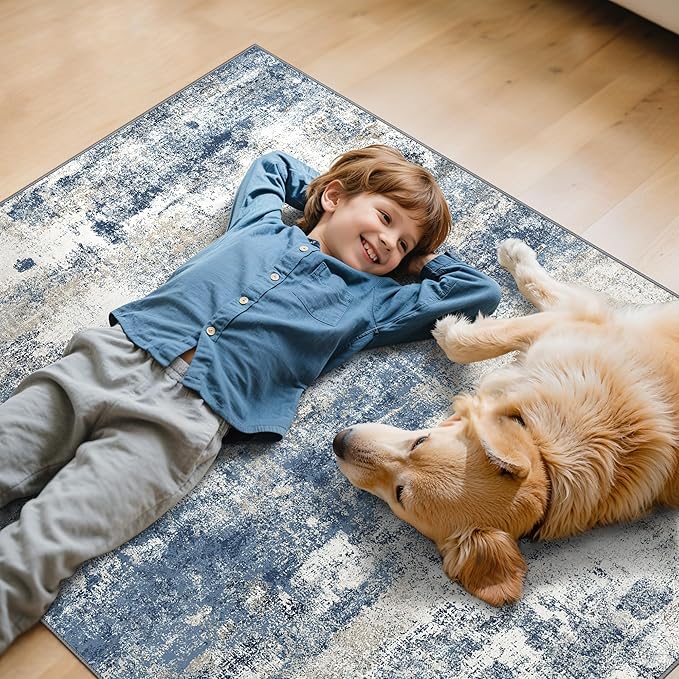 Office Chair Mat for Hardwood Tile Floor, Abstract 48"X 60" Desk Mats for Office Chair on Rolling Chairs Carpet, Desk Anti-Slip 1/5" Thick Rug for Computer Chair, Thin Low-Pile Floor Mat, Navy Beige