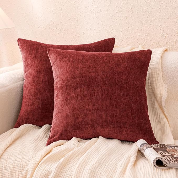 Amazon Basics Chenille Throw Pillow Covers, Home Decor Cushion Cover for Bedroom Living Room Couch Bed, 20" W × 20" L, Burgundy