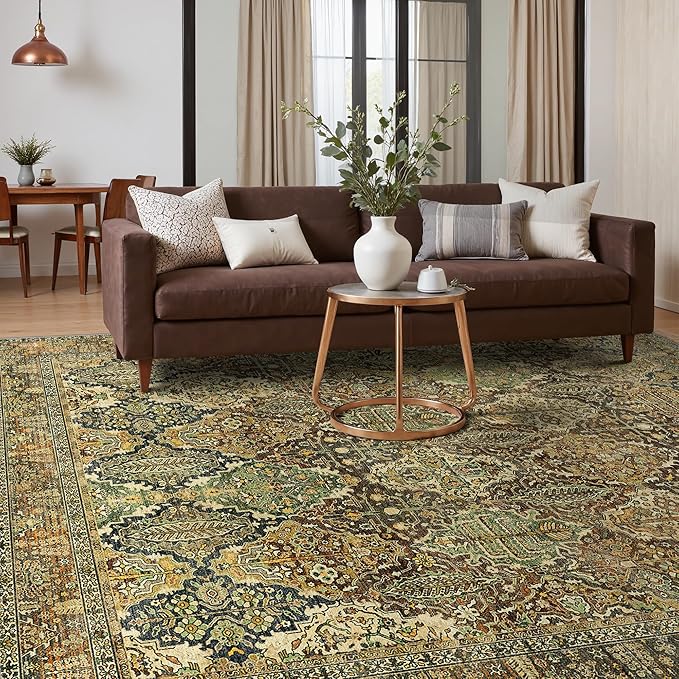 GENIMO 6x9 Area Rugs for Living Room, Machine Washable Low Pile Rugs, Chenille Non Alip Vintage Rug for Bedroom, Dining Room, Home Office, Bronze Olive
