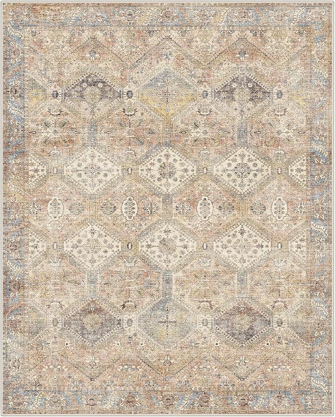 GENIMO 5x7 Area Rugs for Living Room, Machine Washable Non Slip Vintage Rugs, Low Pile Lightweight Print Rug for Bedroom, Dining Room, Home Office, Warm Brown