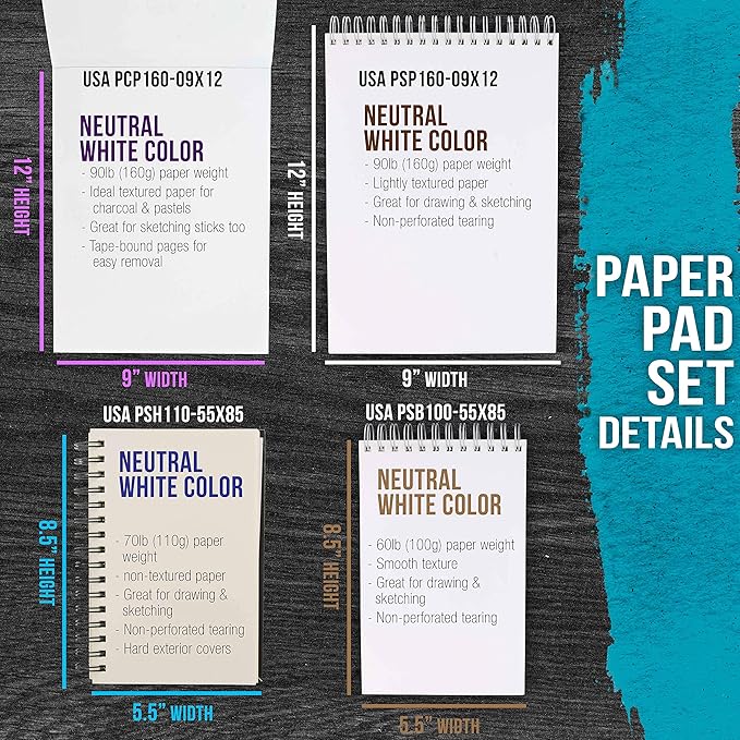 U.S. Art Supply 4-Pad Sketch Book and Drawing Paper Set (242 Sheets) - Sizes (5.5 x 8.5 and 9 x 12 Inch) Spiral Bound, Artist Drawing Pads for Mixed Media