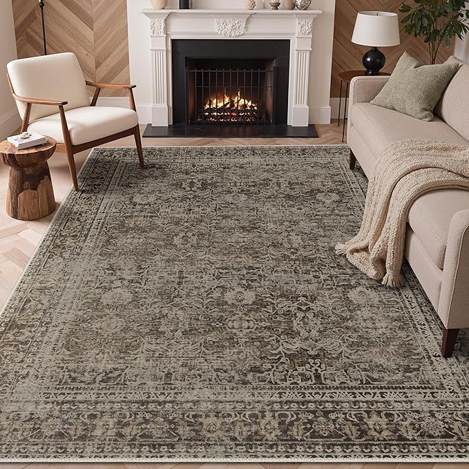 GENIMO 8x10 Area Rug Machine Washable Boho Rug for Living Room,Ultra-Thin Low Pile Carpet,Lightweight Indoor Printed Rug,Non Slip Floral Area Rug for Bedroom, Dining Room, Home Office,Brownish Green