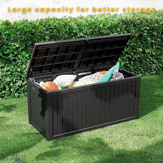 Decksplore Outdoor Storage Box Waterproof, 200 Gallon Lockable Resin Large Deck Box, Patio Storage Bin for Pool Accessories Cushion Furniture, Garden Tools, UV-Resistant Outside Delivery, Black